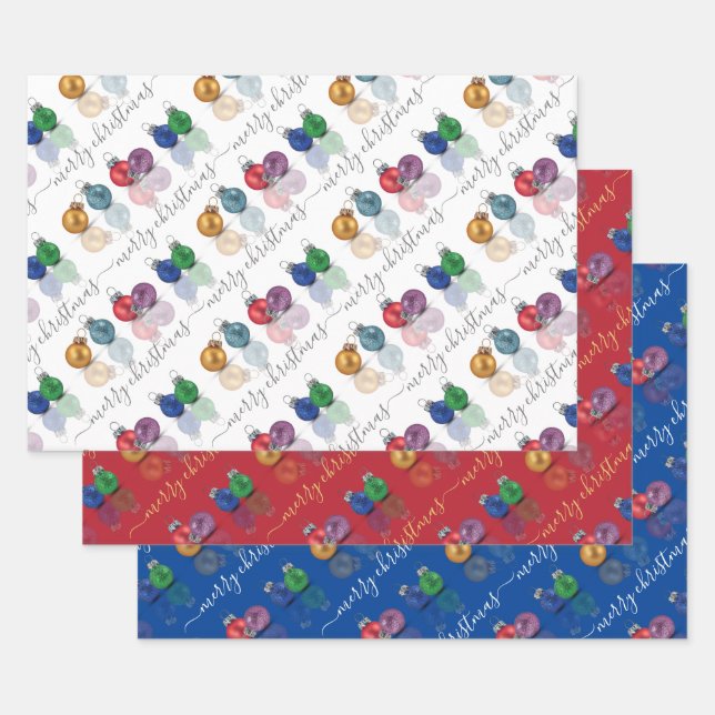 Farbenfrohe Weihnachts-Glitzer-Ornamente Geschenkpapier Set (Set)
