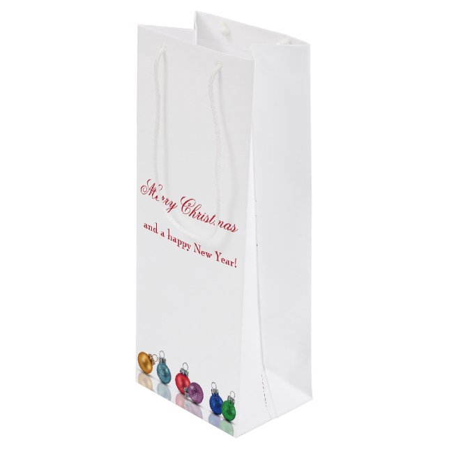 Farbenfrohe Weihnachts-Glitzer-Ornamente Geschenktüte Für Weinflaschen (Vorderseite Schrägansicht)