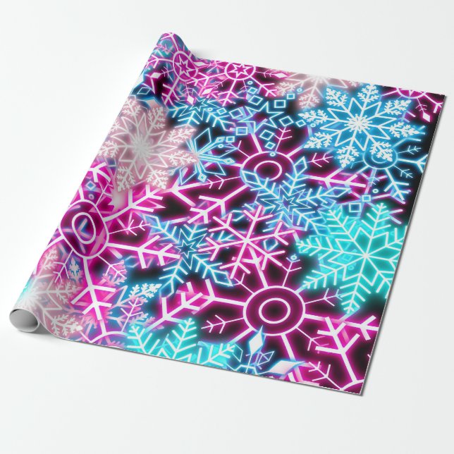 Farbenfrohe Weihnachts-Neon-Schneeflocken-Muster Geschenkpapier (Ungerollt)