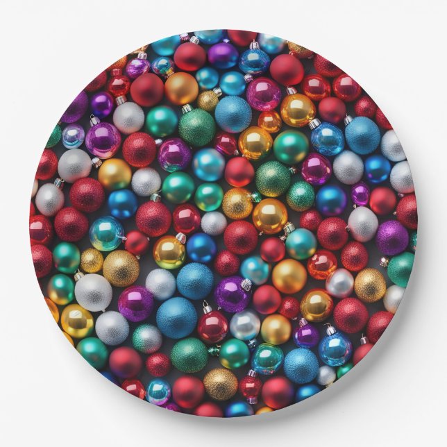 Farbenfrohe Weihnachtsballes Ornamente Pappteller (Vorderseite)