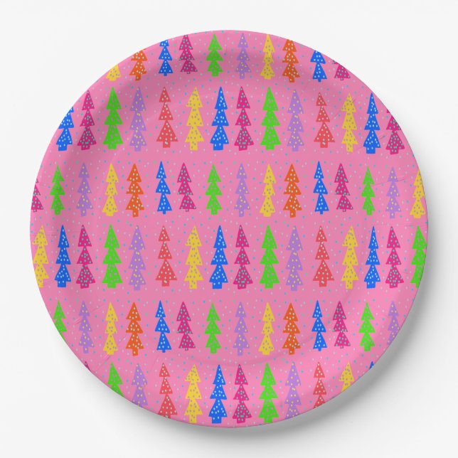 Farbenfrohe Weihnachtsbaum Pop Art Pink Pappteller (Vorderseite)