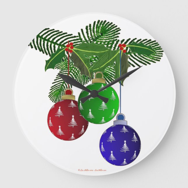 Farbenfrohe Weihnachtsbaumdekorationen Große Wanduhr (Vorderseite)