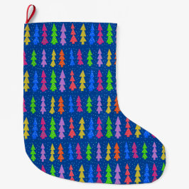 Farbenfrohe Weihnachtsbäume auf blau Großer Weihnachtsstrumpf