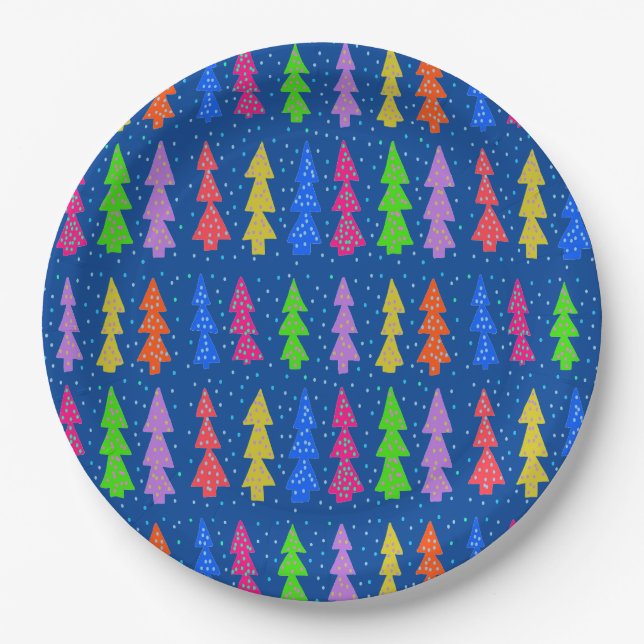 Farbenfrohe Weihnachtsbäume auf blau Pappteller (Vorderseite)