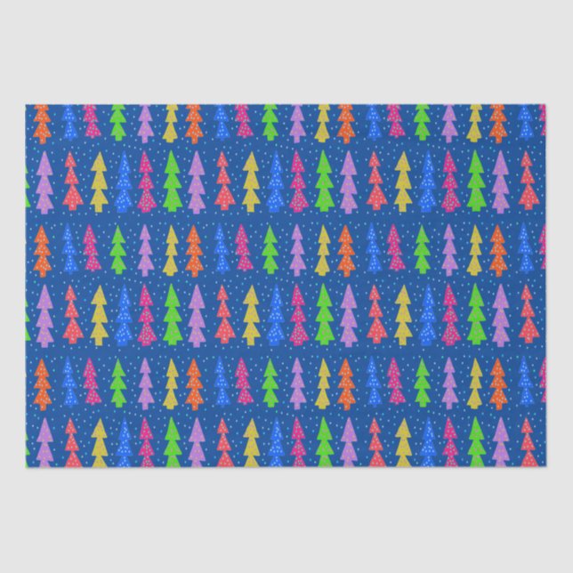 Farbenfrohe Weihnachtsbäume auf blau Seidenpapier (Vorderseite)