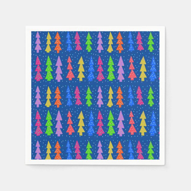 Farbenfrohe Weihnachtsbäume auf blau Serviette (Vorderseite)