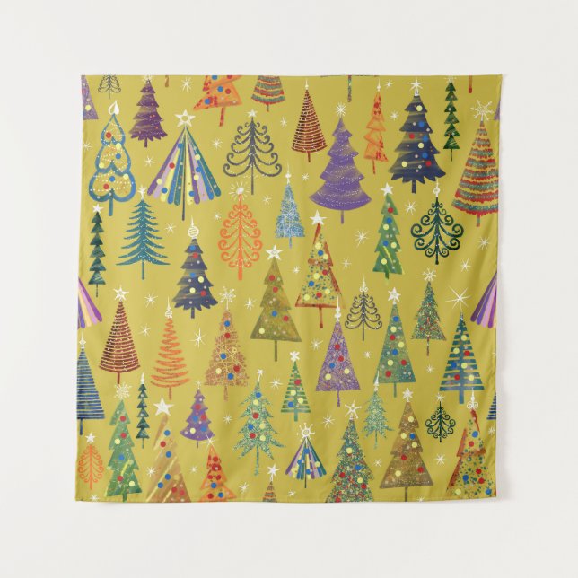 Farbenfrohe Weihnachtsbäume: Festlicher Hintergrun Wandteppich (Vorderseite)