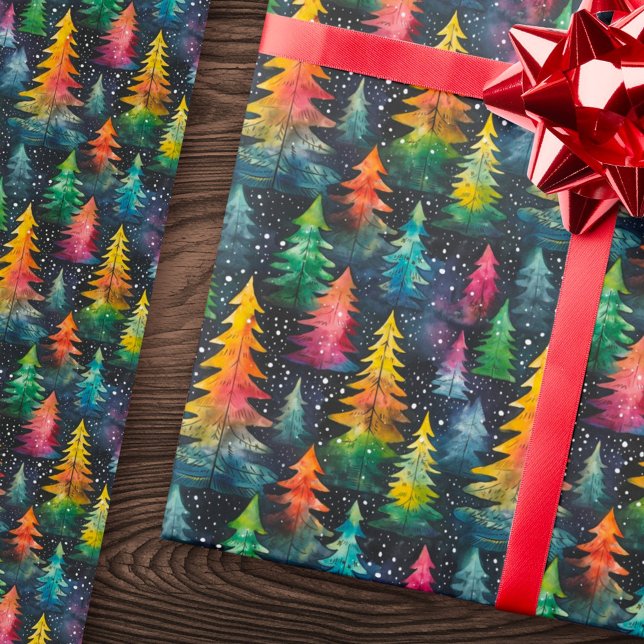 Farbenfrohe Weihnachtsbäume Geschenkpapier (Colorful watercolor Christmas trees Wrapping Paper)