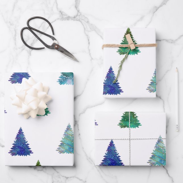 Farbenfrohe Weihnachtsbäume Geschenkpapier Set (Vorderseite)