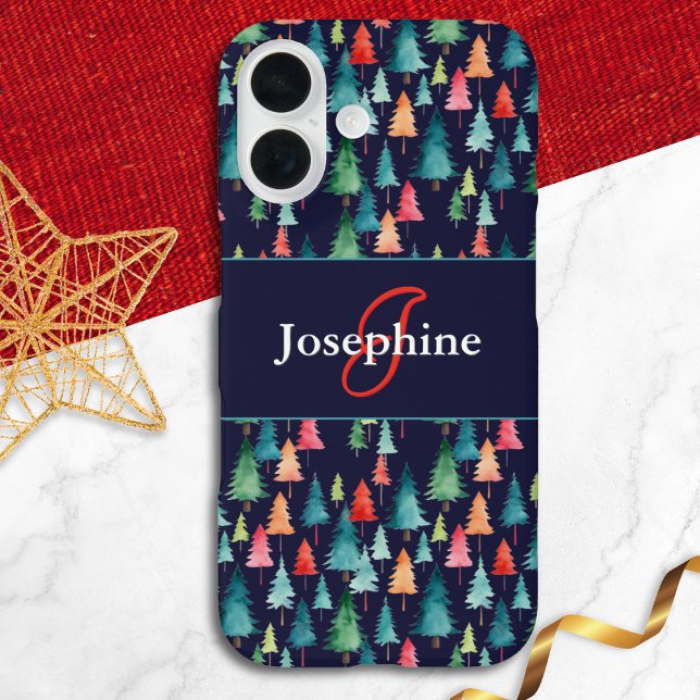 Farbenfrohe Weihnachtsbäume Mit Monogramm iPhone 16 Hülle (A monogrammed festive phone case for the holiday season, patterned with colorful Christmas trees)
