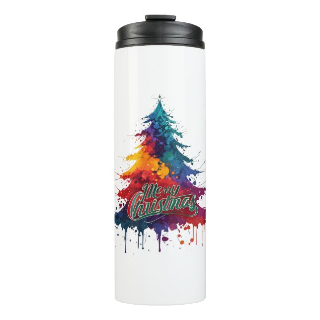 Farbenfrohe Weihnachtsbaumkunst - Frohe Weihnachts Thermosbecher (Vorderseite)