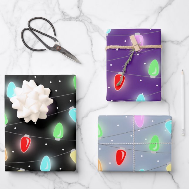 Farbenfrohe Weihnachtsbeleuchtung Geschenkpapier Set (Vorderseite)