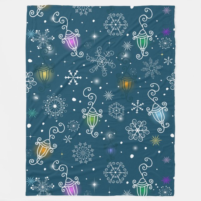 Farbenfrohe Weihnachtsbeleuchtung & weiße Schneefl Fleecedecke (Vorderseite)