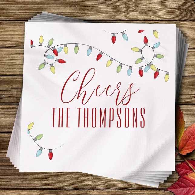 Farbenfrohe Weihnachtsfeier Chef Custom Serviette (Cheers custom whimsical holiday bulb lights paper napkin.)
