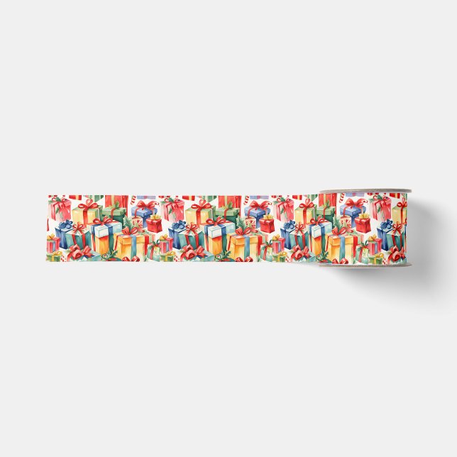 Farbenfrohe Weihnachtsgeschenke Wasserfarben Muste Ripsband (Vorderseite)