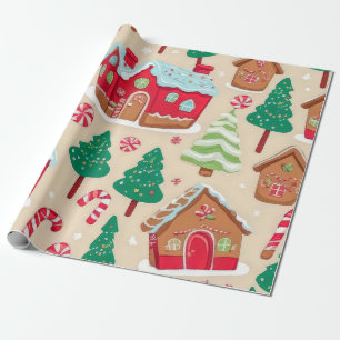 Farbenfrohe Weihnachtsgingerbrothäuser Baummuster Geschenkpapier