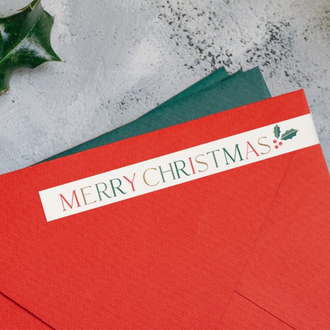 Farbenfrohe Weihnachtskarten-Rücksendeadresse (Elegant colorful Merry Christmas Card Return Address Wrap Around Label with Holly Accent.)