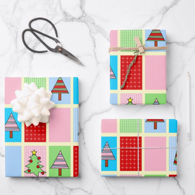 Farbenfrohe Weihnachtsmuster Geschenkpapier Set (Vorderseite)