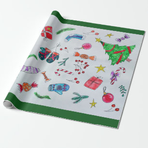 Farbenfrohe Weihnachtsobjekte auf der Seite gespre Geschenkpapier