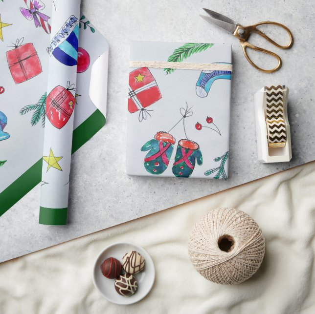 Farbenfrohe Weihnachtsobjekte auf der Seite W Geschenkpapier (Kunsthandwerk)