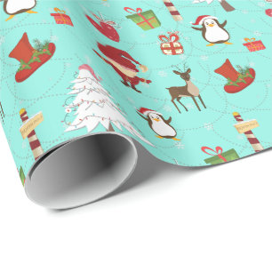 Farbenfrohe Weihnachtssymbole blaugrüner Hintergru Geschenkpapier