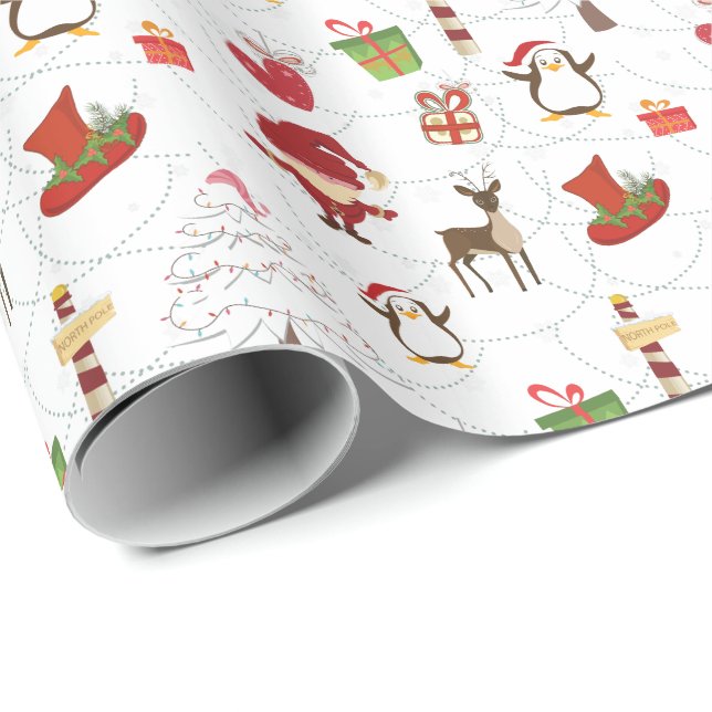 Farbenfrohe Weihnachtssymbole Weißer Hintergrund Geschenkpapier (Rolleneckpunkt)