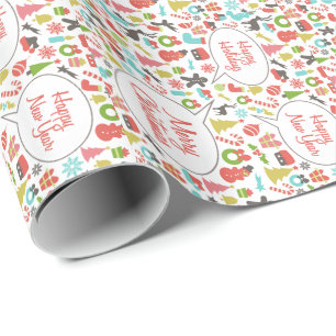 Farbenfrohe Weihnachtssymbole Weißer Hintergrund Geschenkpapier