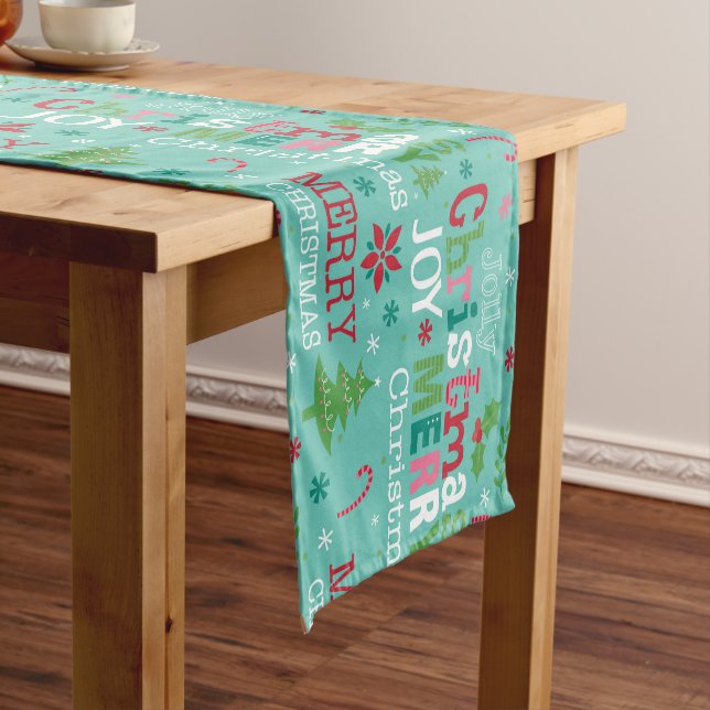 Farbenfrohe Weihnachtstypografie Moderne Blumenwel Kurzer Tischläufer (Beispiel)