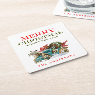 Farbenfrohe Weihnachtswagen Frohe Weihnachten Part Rechteckiger Pappuntersetzer