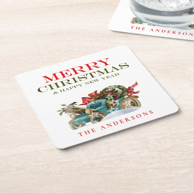 Farbenfrohe Weihnachtswagen Frohe Weihnachten Part Rechteckiger Pappuntersetzer (angewinkelt)
