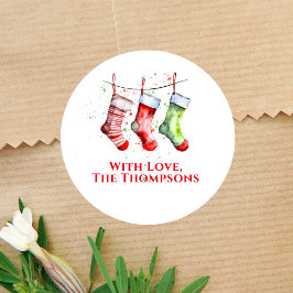 Farbenfrohe Weihnachtswasserfarbe Strumpf Custom Runder Aufkleber