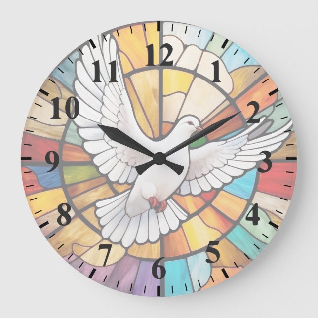 Farbenfrohe weiße Taube gestanzter Glass Bird Große Wanduhr (Vorderseite)