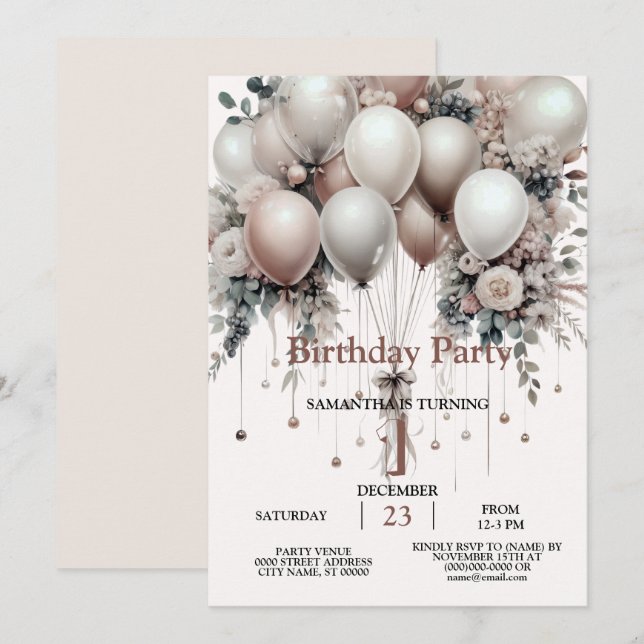 Farbenfrohe Weißpfirsichblütenballons Elegantes Pa Einladung (Vorne/Hinten)
