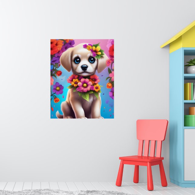 Farbenfrohe Welpen und Blume Kinderwandplakat Poster (Kinderzimmer 1)