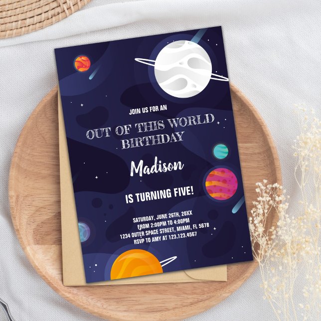Farbenfrohe Weltraumthematik für das Party von Kin Einladung (Planets Birthday Invitations)