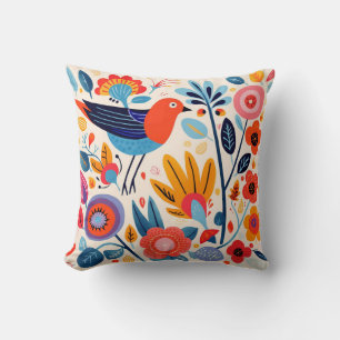Farbenfrohe Whimsical Folk Art Bird Kissen