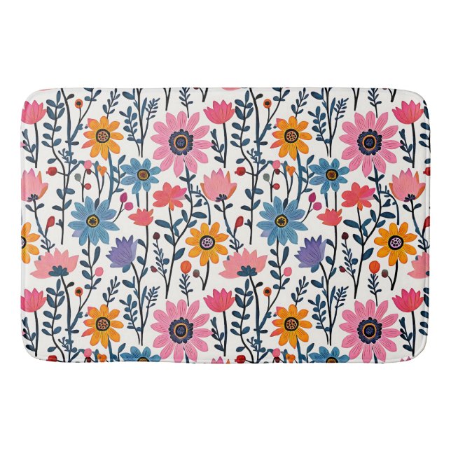 Farbenfrohe Whimsical Folk Art Floral Badematte (Vorderseite)