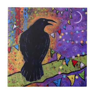 Farbenfrohe Whimsical Raven Laughing Fliese