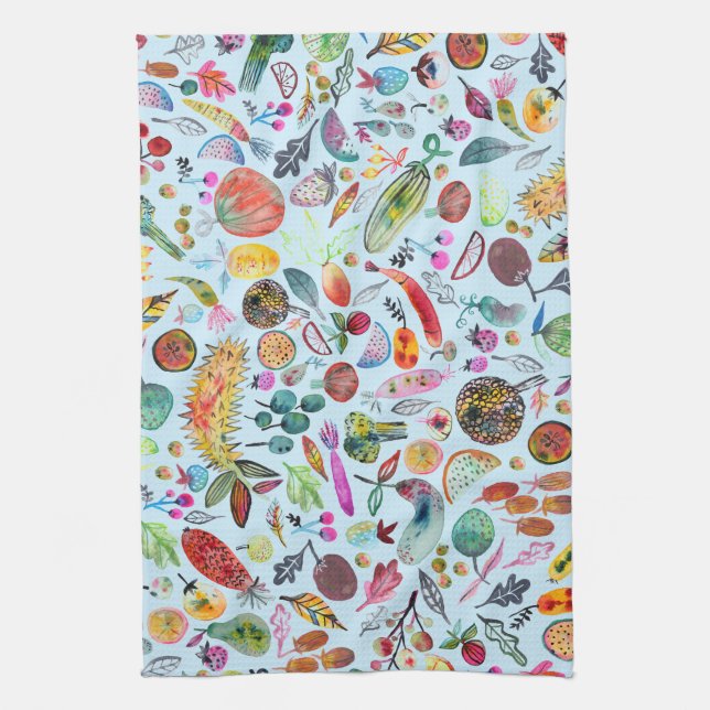 Farbenfrohe Whimsical Watercolor Frucht Veggies Bl Geschirrtuch (Vertikal)
