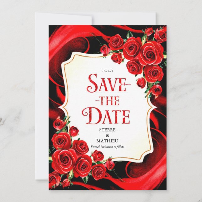 Farbenfrohe Whimsy-Crimson-Rote Rosen Hochzeit Save The Date (Vorderseite)