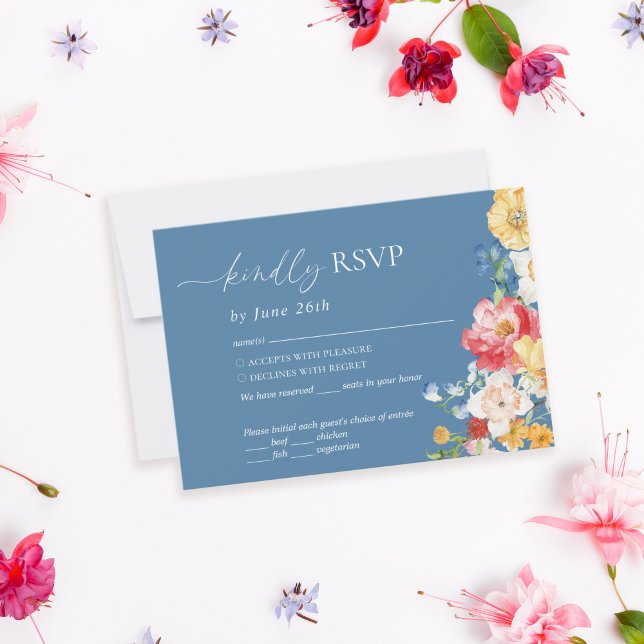 Farbenfrohe Widlflower Dusty Blue Wedding RSVP Karte (Von Creator hochgeladen)