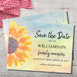 Farbenfrohe Wiedersehen Save the Date Ankündigungspostkarte<br><div class="desc">Frag deiner Familie mit dieser bunten, blumengeschmückten Save the Date-Karte Save the Date für ihre Wiedersehen. Es verfügt über eine Aquarellsonne und einen Hintergrund. Einfach mit Ihrem Namen und Ihren Details anpassbar. Weil wir unsere Kunstwerke erstellen, werden Sie dieses exakte Bild von anderen Designern nicht finden. Original Wasserfarbe © Michele...</div>