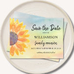 Farbenfrohe Wiedersehen Save the Date Ankündigungspostkarte<br><div class="desc">Frag deiner Familie mit dieser bunten,  blumengeschmückten Save the Date-Karte Save the Date für ihre Wiedersehen. Es verfügt über eine Aquarellsonne und einen Hintergrund. Einfach mit Ihrem Namen und Ihren Details anpassbar. Original Wasserfarbe © Michele Davies.</div>