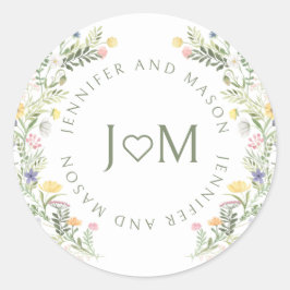 Farbenfrohe Wiesen-Blume-Hochzeit-Monogramm Runder Aufkleber