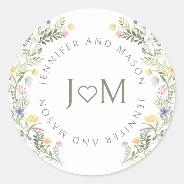 Farbenfrohe Wiesen-Blume-Hochzeit-Monogramm Runder Aufkleber (Vorderseite)