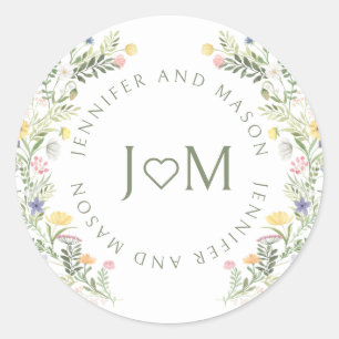 Farbenfrohe Wiesen-Blume-Hochzeit-Monogramm Runder Aufkleber