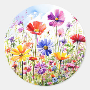 Farbenfrohe Wildblume Auenwasser Runder Aufkleber