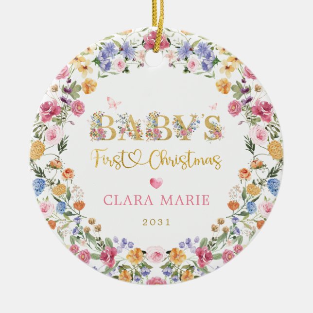Farbenfrohe Wildblume Baby's First 1. Weihnachten Keramik Ornament (Vorne)