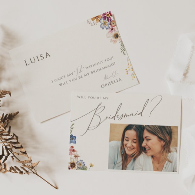 Farbenfrohe Wildblume | Beige Foto Bridesmaid Card Einladung (Von Creator hochgeladen)