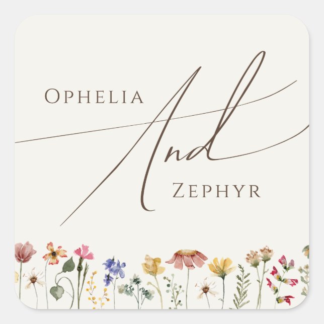 Farbenfrohe Wildblume | Beige Hochzeiten Umschlag  Quadratischer Aufkleber (Vorderseite)